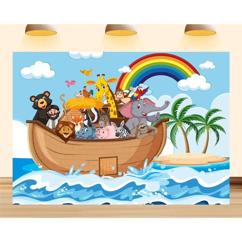20X10t h's Ark Backdrop Cartoon Wild Saari Animals Zoo Background Rainbow Beach Vacation Party Decorations or Kids Birthday Phot