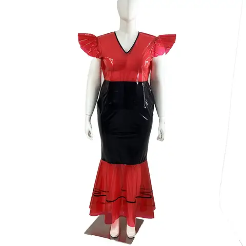 Party Elegant V-neck Fetish Plastic Long Dress Exotic Open Hips Mermaid Evening Dress Sexy Transparent PVC Bodycon Club Vestidos