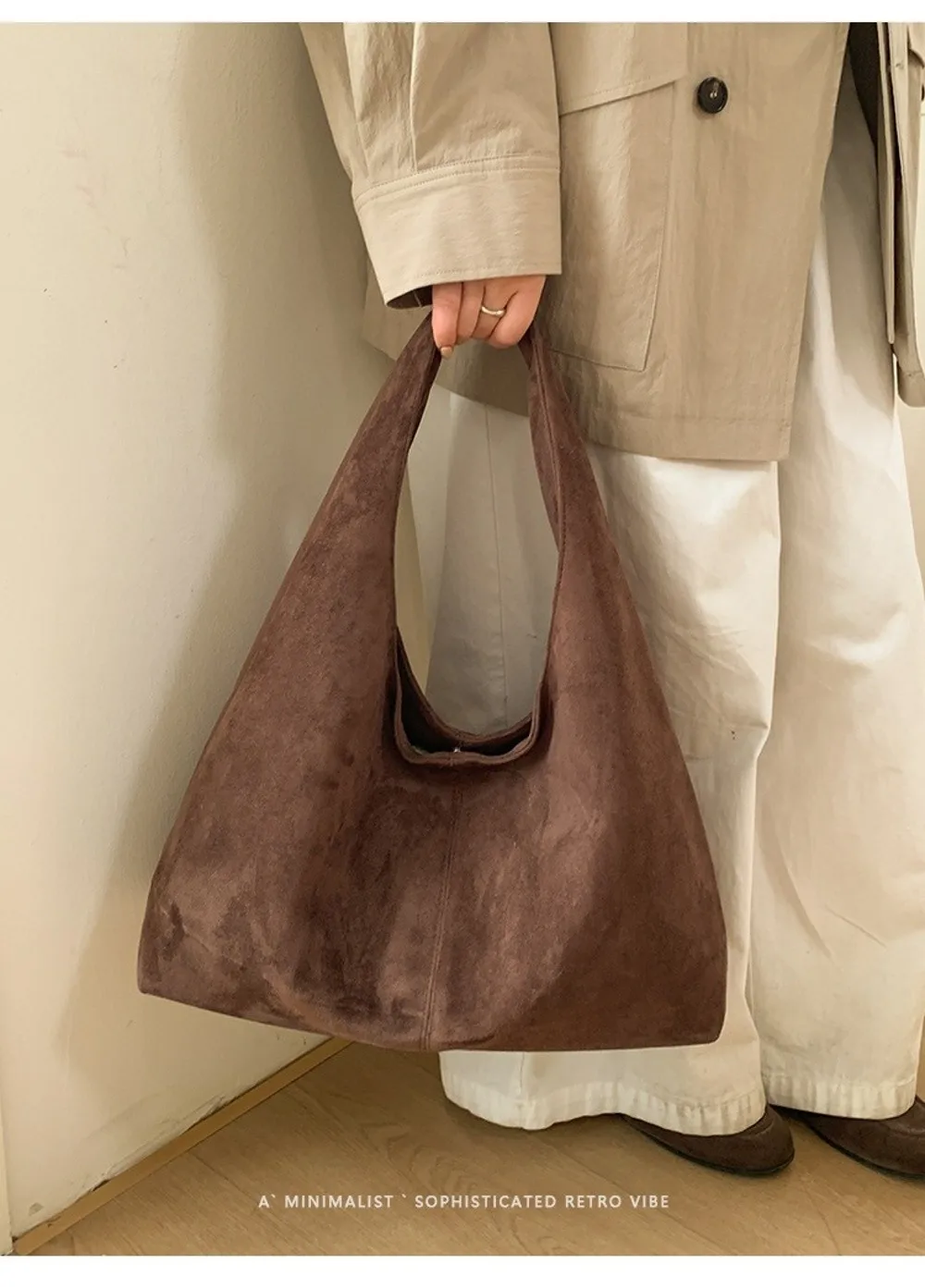 Lässige Retro-Damen-Schultertasche aus Wildleder mit großem Fassungsvermögen, einfarbige Shopper-Tasche – Detail 11