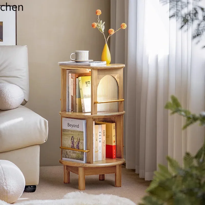DSA Solid Wood Bookshelf Mobile Rotating Side Table Furniture Sofa Storage Tea Cabinet