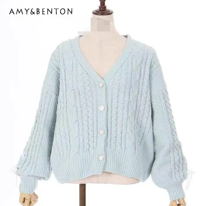 

Japanese Style Ribbon Lace Up Soft Knitted Cardigan Autumn Winter Versatile V Neck Single Breasted Sweet Cropped Cardigan Women