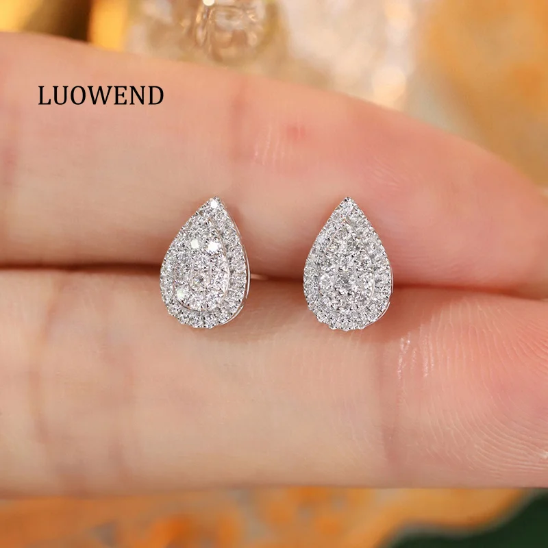 

LUOWEND 18K White Gold Earrings Classic Water Drop Design 0.30carat Real Natural Diamond Stud Earrings for Women Birthday Gift