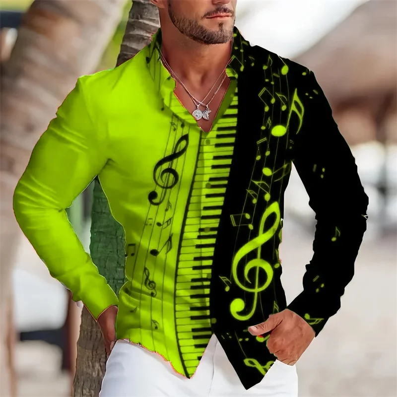 2024 Summer Men's Long Sleeves Shirt with Musical Instrument Symbol Pattern Printed Collar, Cardigan, Street Casual Shirt