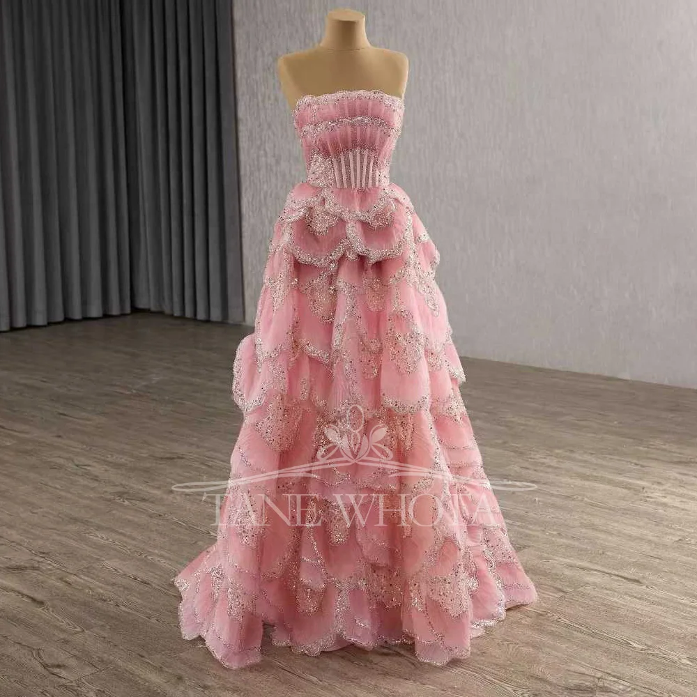 

Luxury Pink Strapless Sleeveless Evening Dress Robes De Soirée Lace Up Back Tiered Crystal Sequins Customizable Fit For Women