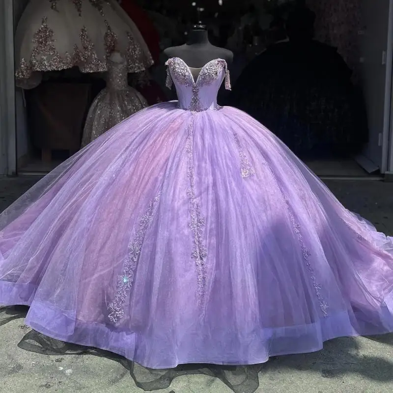 

Exquisite Ball Gown Off the Shoulder Rhinestones Applique V Neck Lacing up Draped Vestidos De 15 Quinceanera Customised