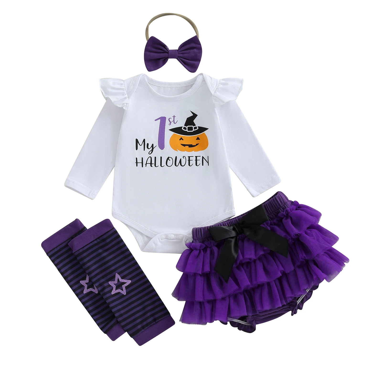 

Baby Girl Halloween Clothes Sets Long Sleeve Letters Pattern Romper with Tulle Skort with Headband and Stockings