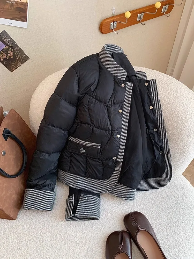 

Черная стеганая куртка-пальто свободного кроя с ромбовидным узором для женщин, осенне-зимняя модная хлопковая куртка с воротником-стойкой в корейском стиле