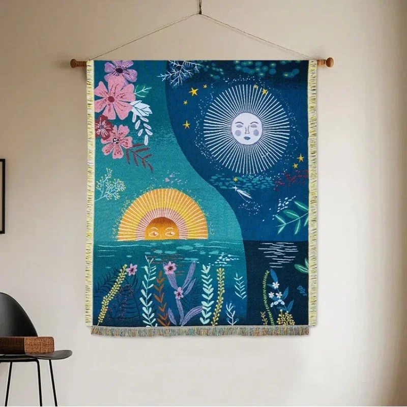 Celestial Sun Moon Woven Tapestry Boho Chic Wall Hanging with Floral Starry Night Design Decor Fringed Jacquard Throw Blanket