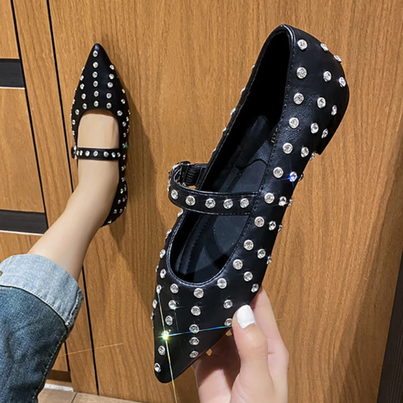 Sexy Rhinestone Rivet Design Mary Jane Women's Shoes Fashion Pointed Toe Low Heel Flat Shoes Designer Luxury Shoes Woman Size 43