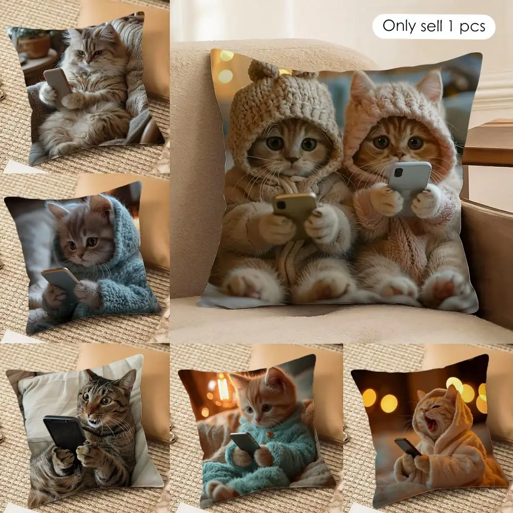 Cute cat holding phone Cushion Cover Silky Short Plush Invisible Zipper Dustproof Sofa Pillow Case for Home Decor