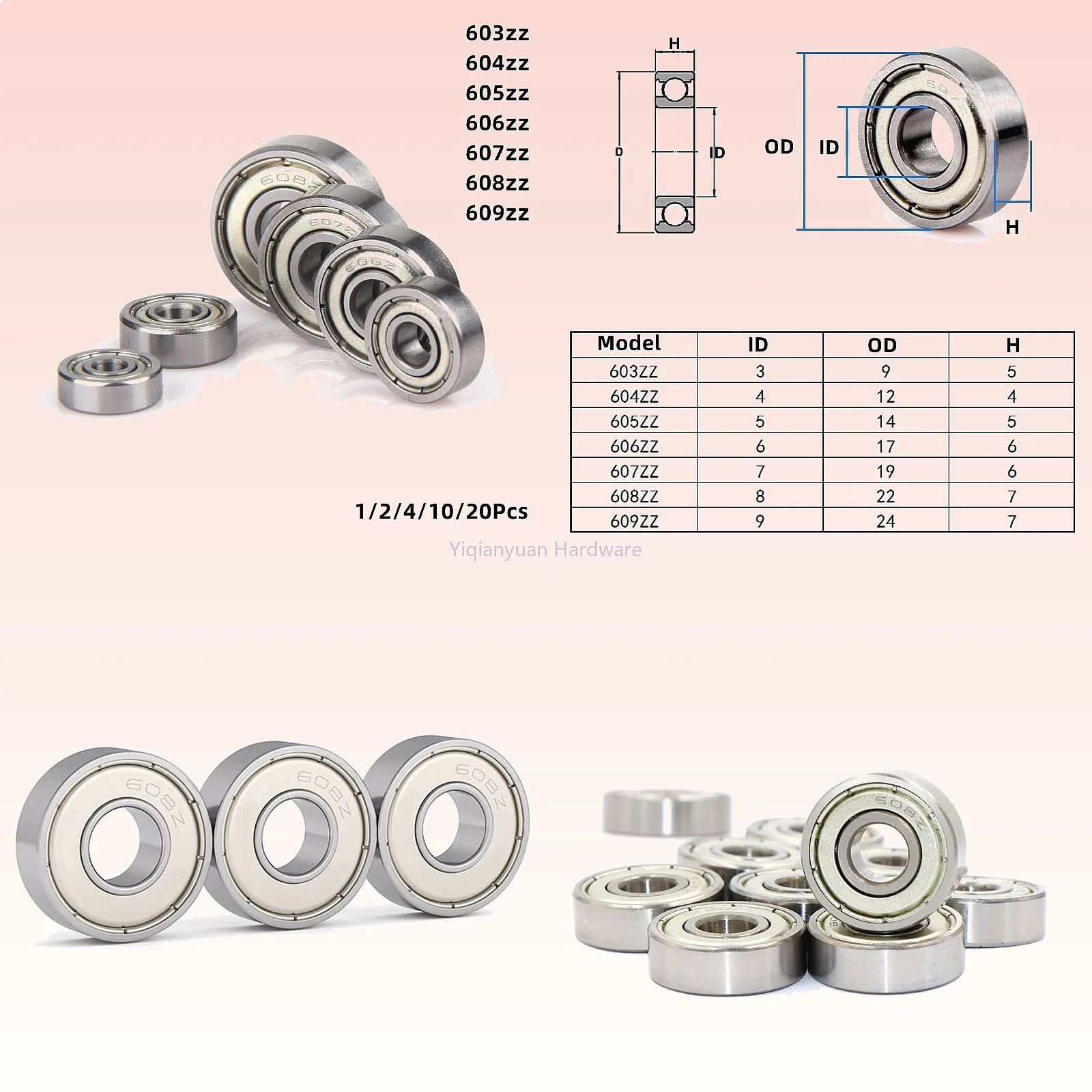 Yiqianyuan 1-20Pcs 603ZZ 604ZZ 605ZZ 606ZZ 607ZZ 608ZZ 609ZZ Sealed Deep Groove Ball Miniature Bearings