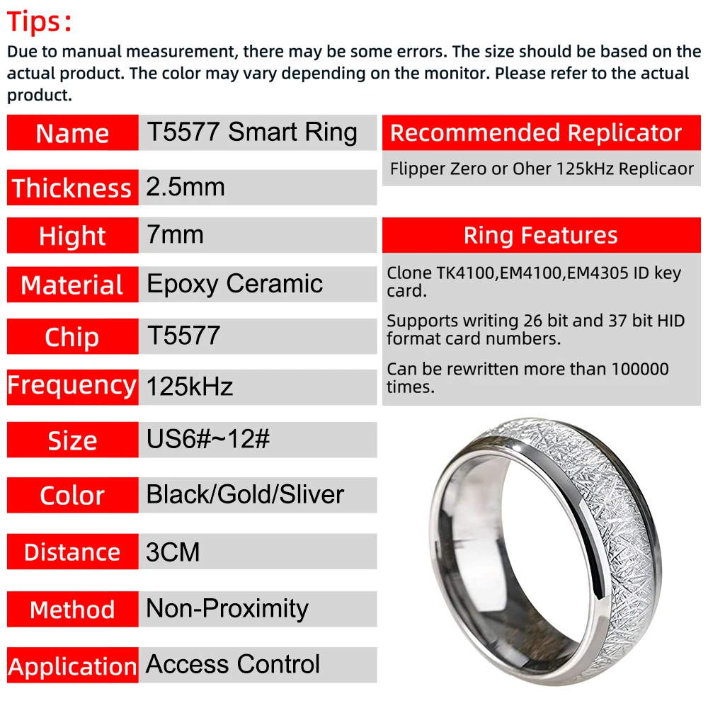 Gold/Sliver Ceramic 125kHz T5577 Chip RFID Fit Finger Ring for Clone EM4100/TK4100 Smart Cards