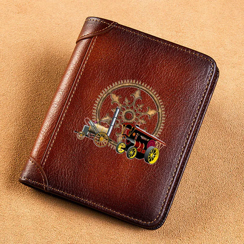 High Quality Genuine Leather Men Wallets Classic Steampunk Gear Locomotive Short Card Holder Purse Trifold Men's Wallet BK3862