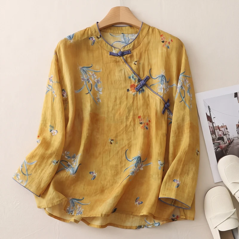 Artistic Long Sleeve Shirt Vintage Versatile Button up Cotton Linen Fabric Pear Shaped Body Suitable Summer Season Ladies Wear