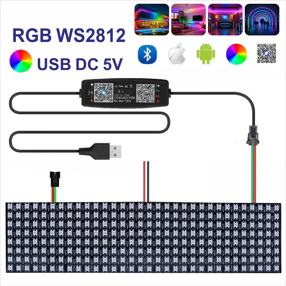 Music Sync WS2812B LED Matrix Panel USB DC5V Bluetooth 28Key Remote Addressable 8x8/16x16/8x32 DIY Animation Display Kit