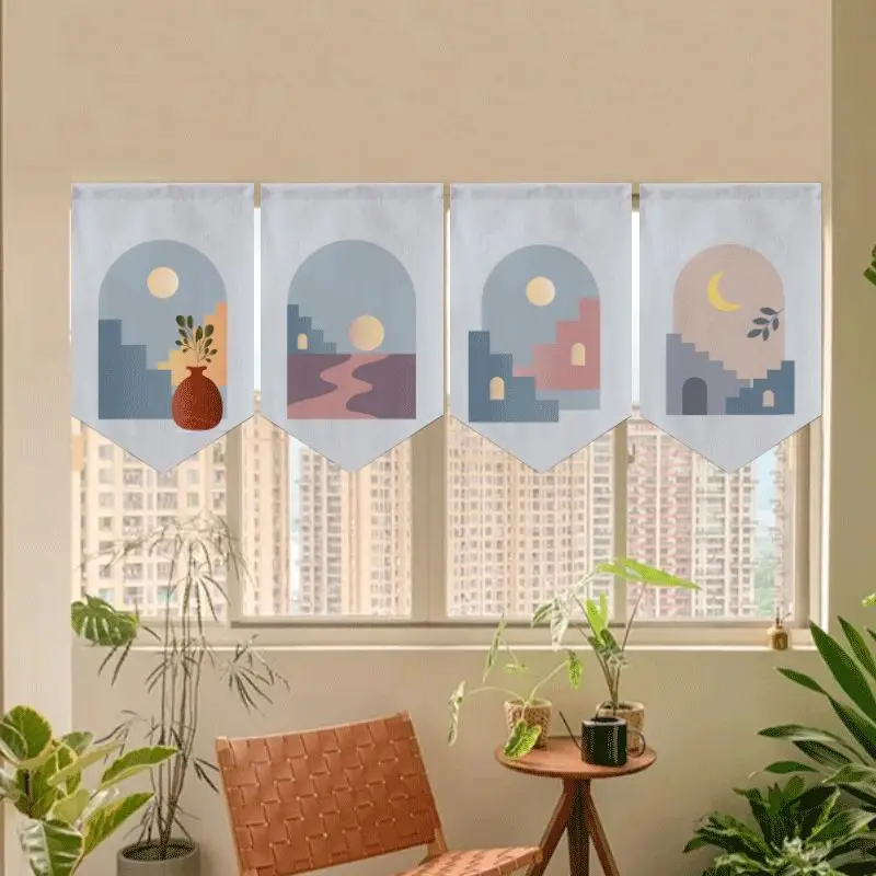 VIKAMA Morandi Arch Building Triangular Curtain Vase Plant Sun Moon Minimalist Nordic Kitchen Window Valance Banner Decor Soft
