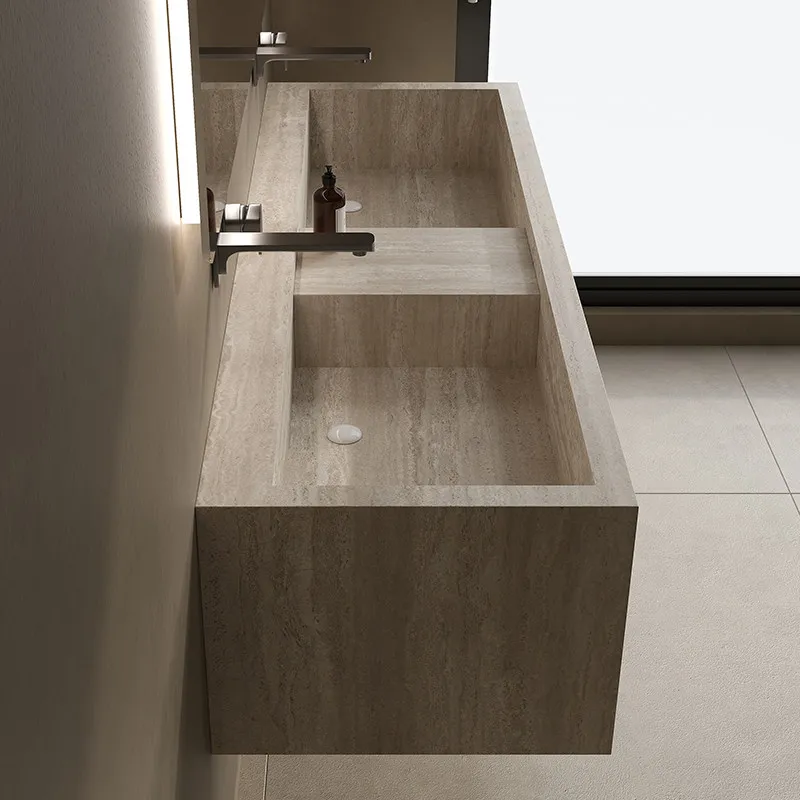 Travertine bathroom cabinet rock slab seamless integrated bathroom wash basin single and double size custom