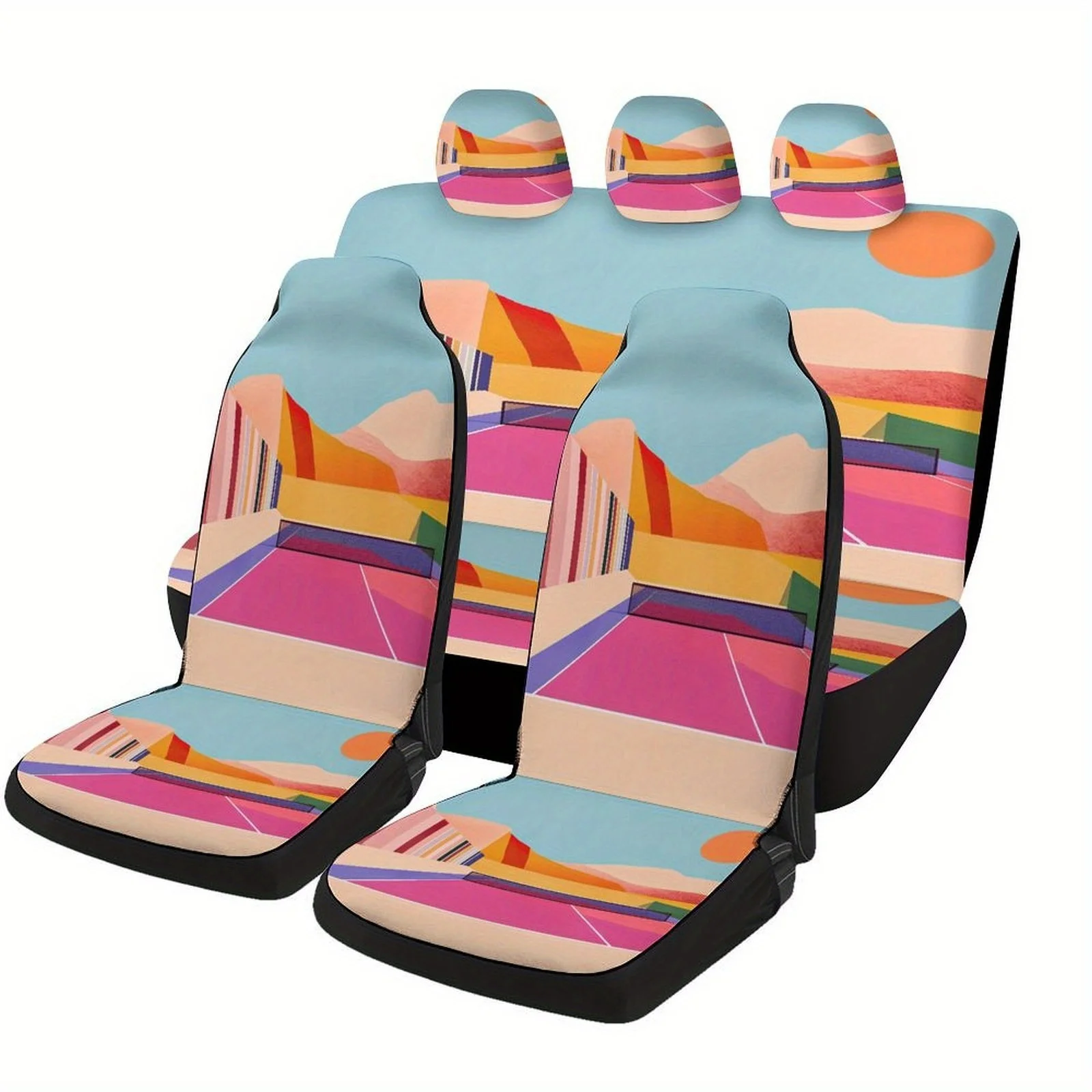 Car Seat Cover Set Featuring A Tennis Court Sunset Design, Suitable For Most Vehicles. This High-Quality, Comfortable Set Includ
