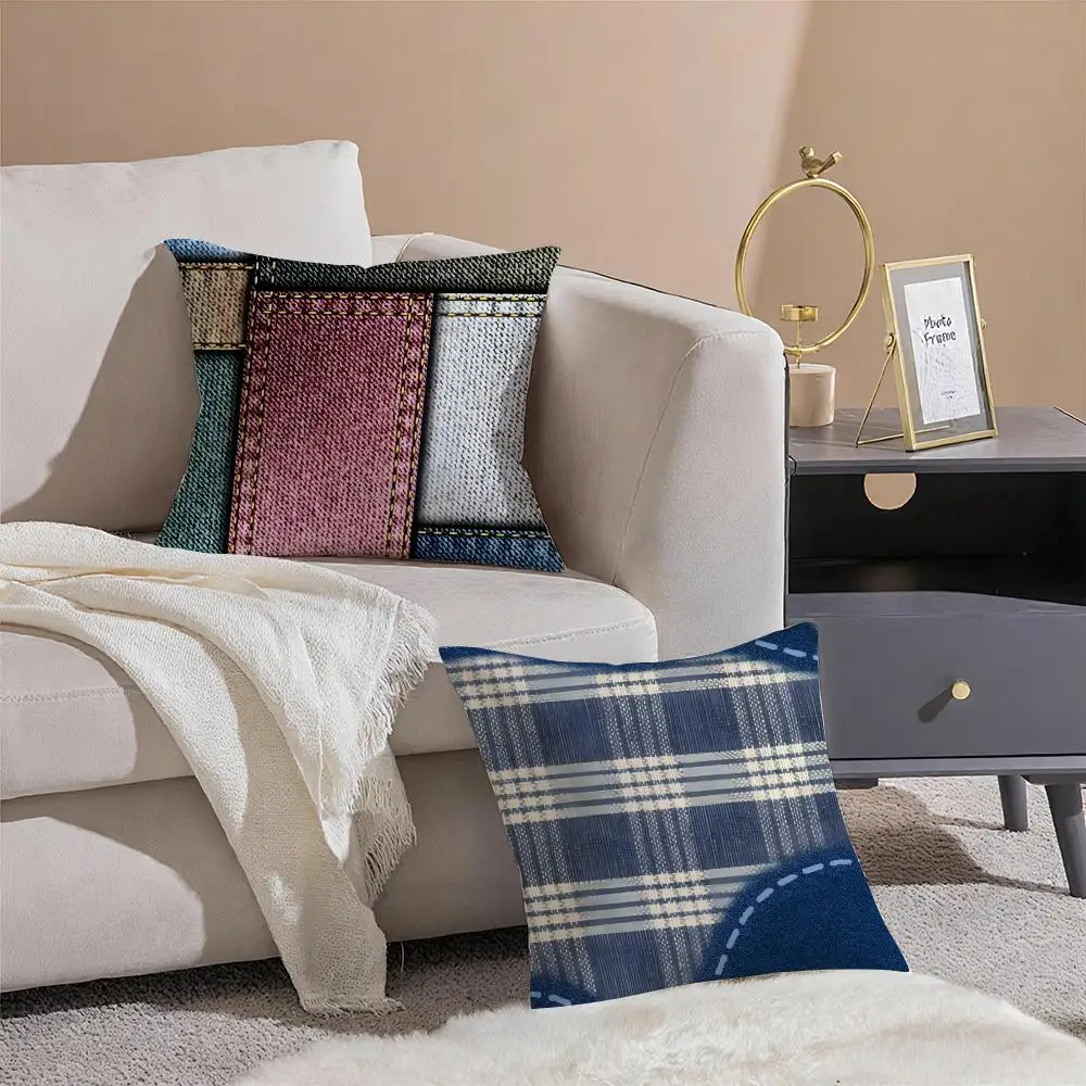 Vintage Denim Pattern Pillow Workwear Cushion Cover Throw Pillow Cover Hidden Button Durable Polyester Chair Cushion