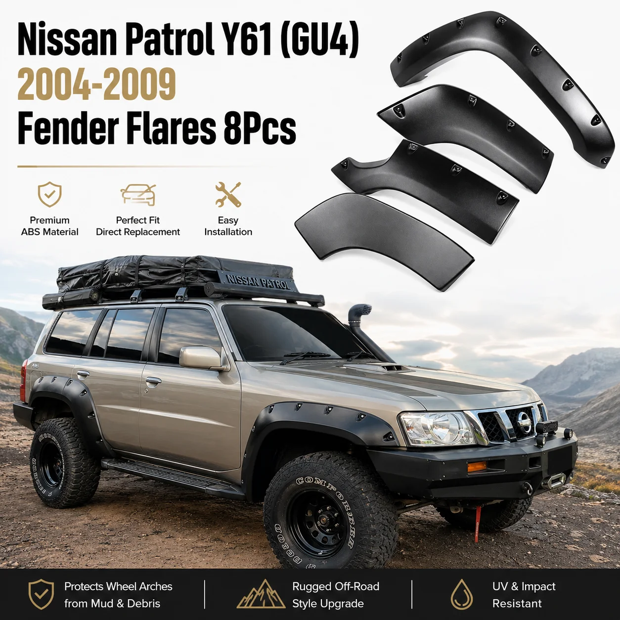 For 2004-2009 Nissan Patrol Y61 GU4 Fender Flares 8PCS Matte Black ABS Wheel Arch Kit