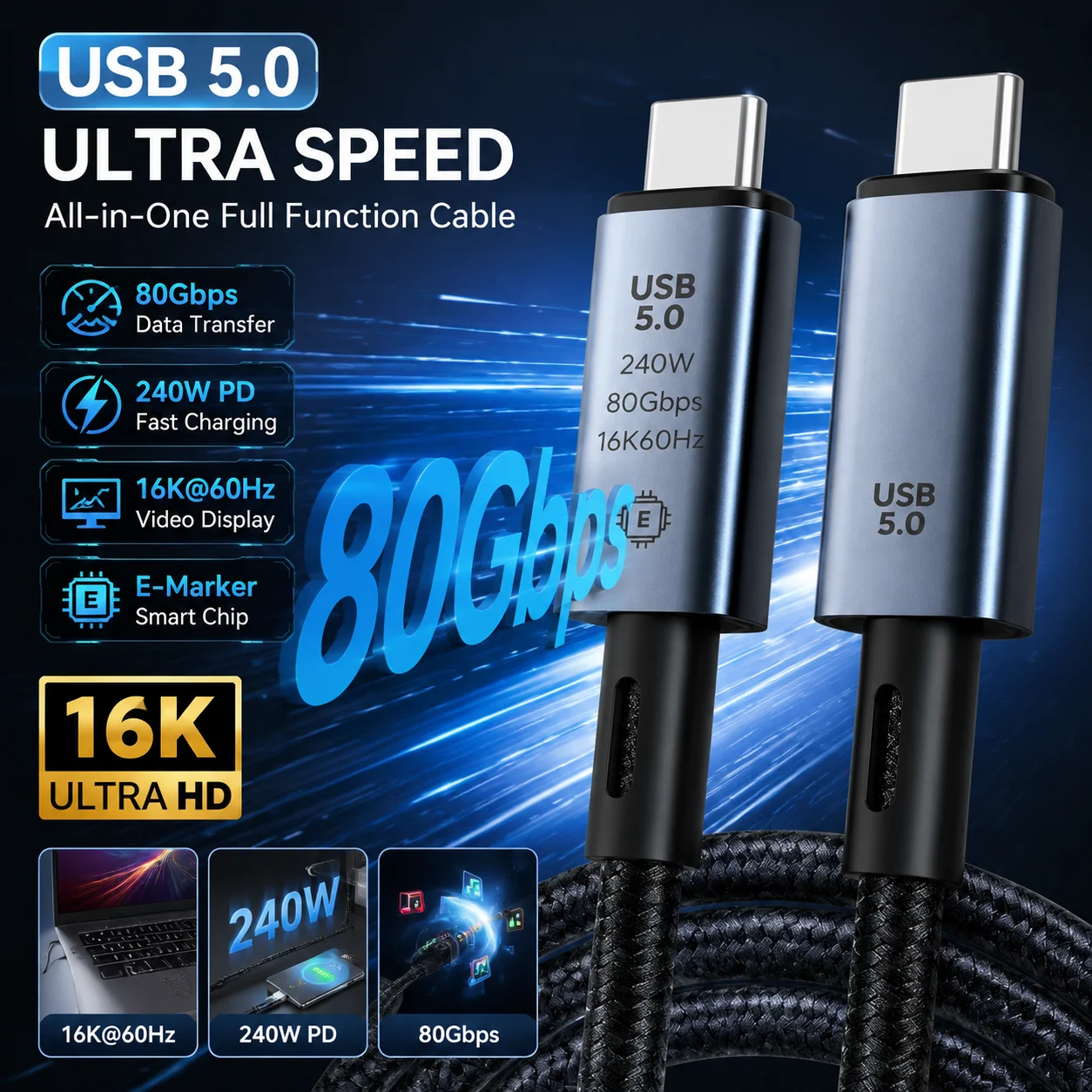 USB 5.0 Type C to Type C Cable 240W PD Fast Charging 80Gbps Ultra Speed Data Transfer 16K 60Hz Video Display Full Function Cord