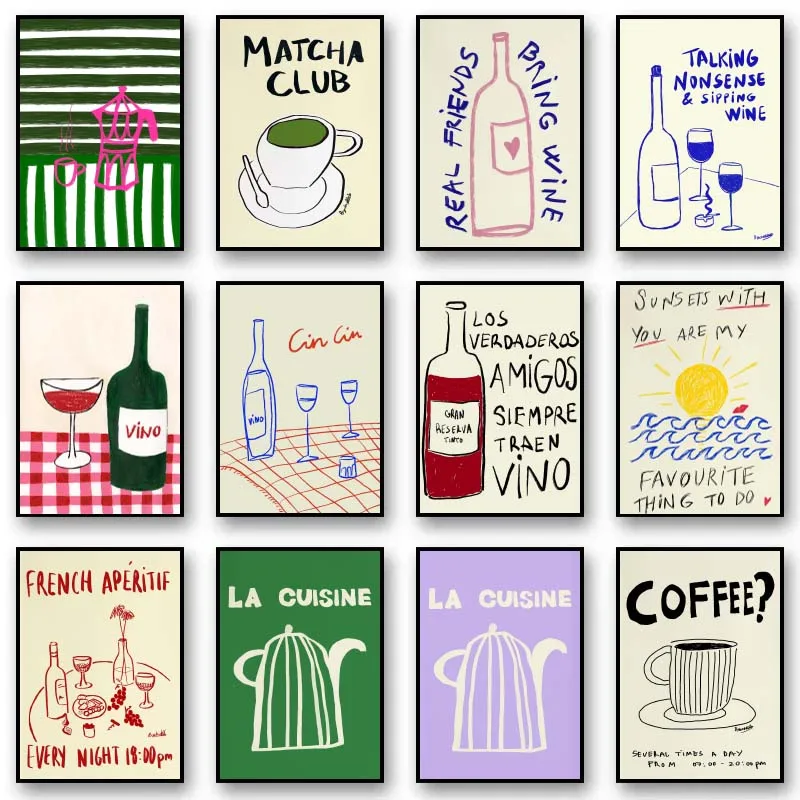 1pc frameless Canvas Painting Colorful Drawings Abstract Art Food Posters Canvas Decorations Painting Coffee Tea Wine Vintage Ro