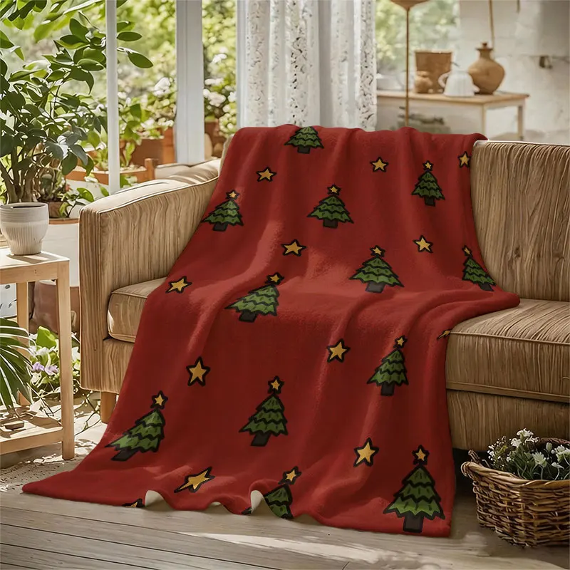 Xmas Tree Star Print Flannel Blanket Warm Soft Halloween Christmas Decorative Couch Warm Cozy All-Season Gift