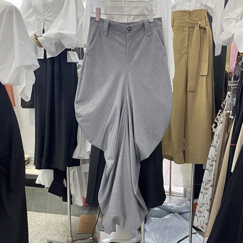 [EWQ] Elegant High Waist A-line All-match Clothing Minimalist Office Women's Fold Skirt Bottom Slit Design Skirts 2025 Autumn