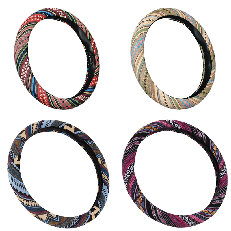 Car Steering Wheel Cover 38cm Universal Elastic National Wind Linen Car Steering Wheel Cover Breathable Non-slip Car Accessories