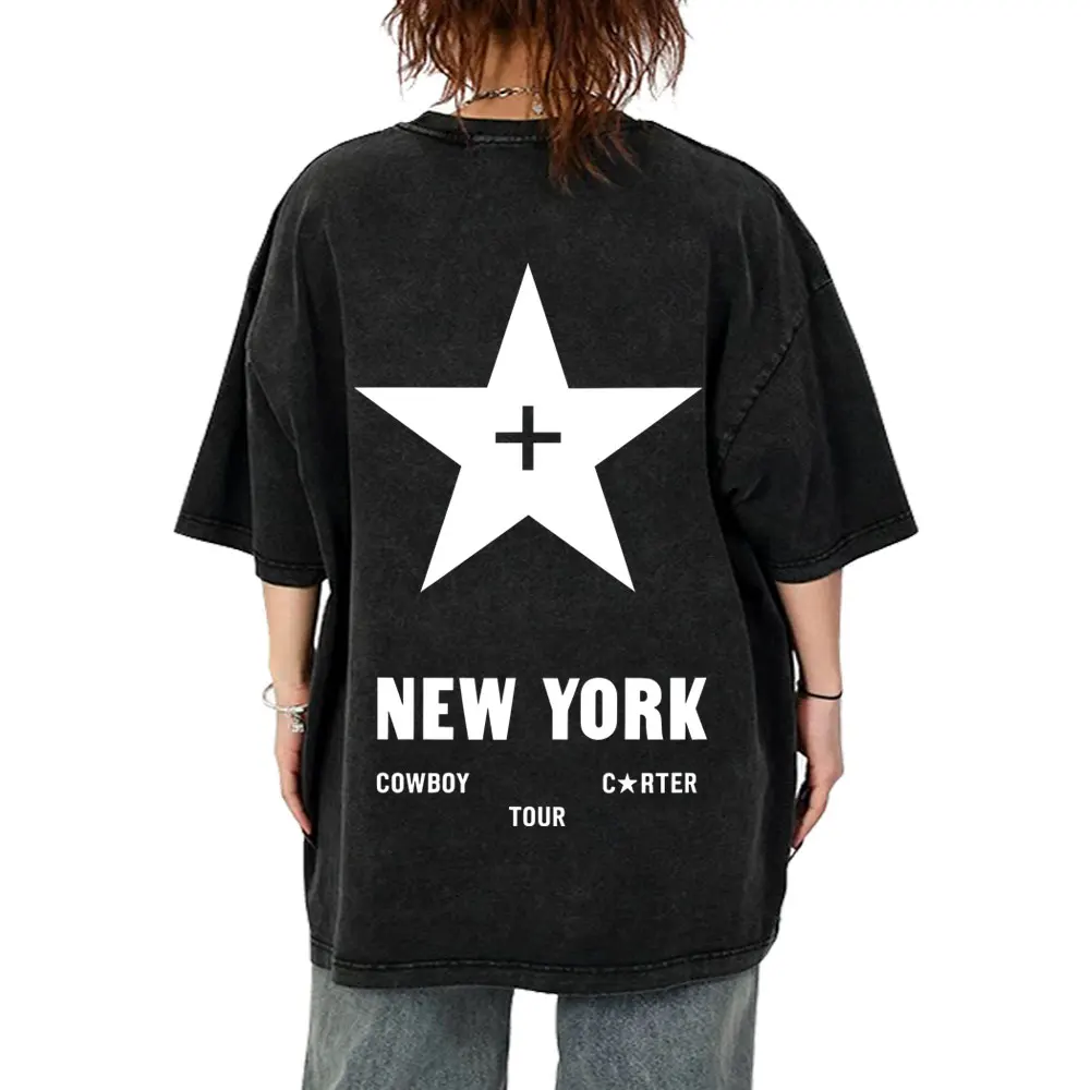 

Hot Beyonce Cowboy Carter New York Tour Washed Vintage T-shirt Men Women Fashion Pop Music T Shirts Male Casual Cotton Tshirt