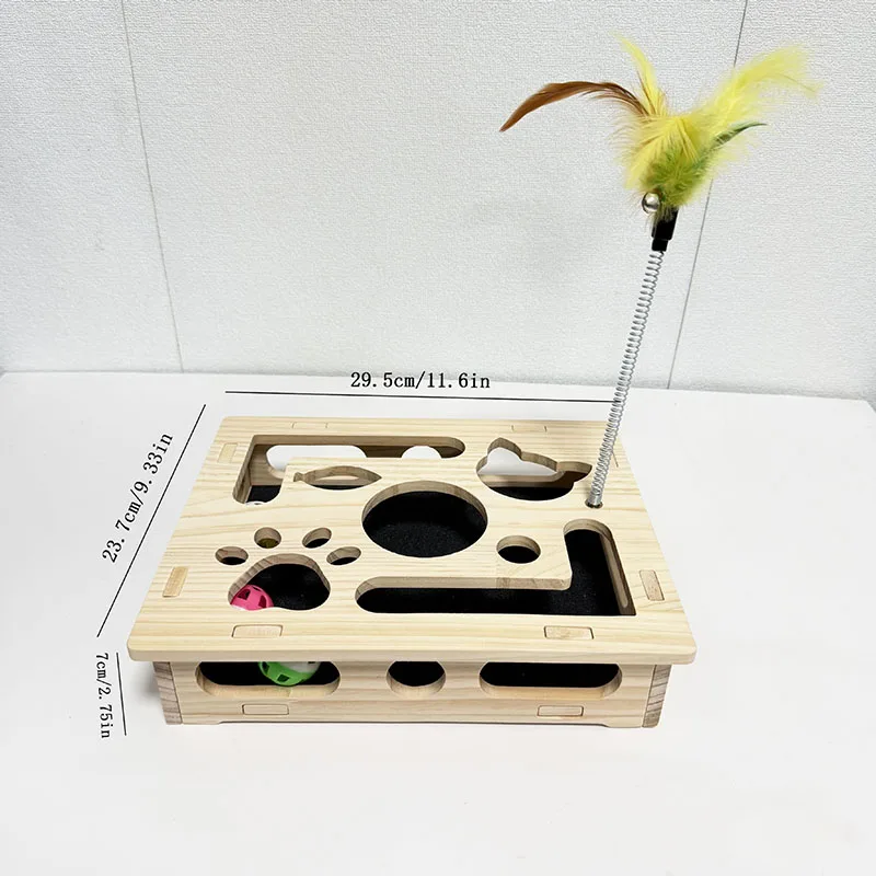 Interactive Cat Puzzle Toy Wooden Box With Feather Wand Maze Tunnel Bell Ball Entertainment Cat Toy Cat Supplies Puzzle Game Box