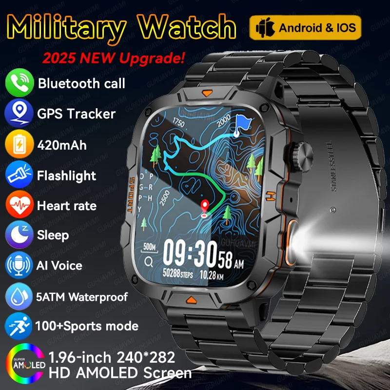 2025 Outdoor Military SmartWatch GPS trackr 5ATM Flashlight 1.96