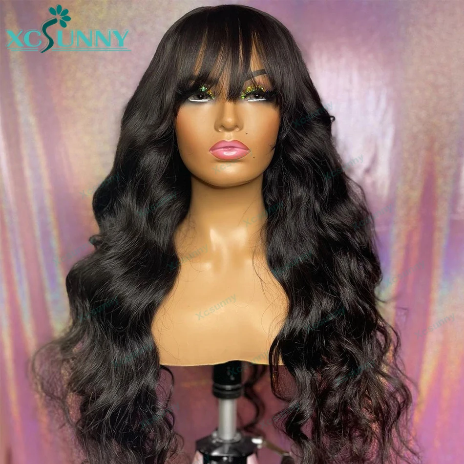 

Body Wave Human Hair Wigs 200 Density With Bangs Wavy Remy Brazilian Silk Scalp Top Full Machine Made Wig For Women Xcsunny