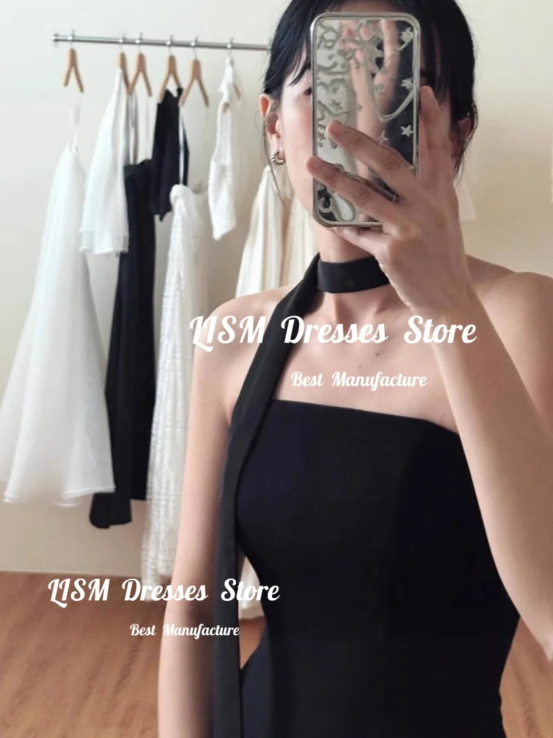 Lism Simple Strapless Black Korea Evening Dresses Elastic Satin Photos Shoot Dress Corset Back Wedding Party Dresses Customized