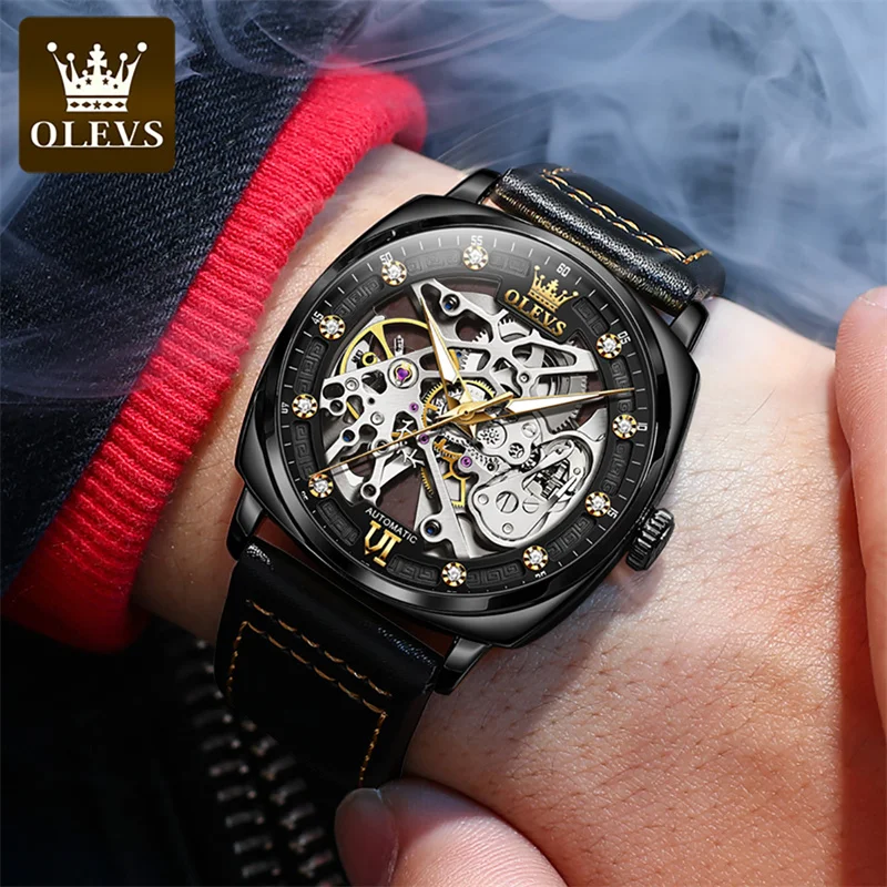 

OLEVS Luxury Men Watches Automatic Mechanical Wristwatch Skeleton Design Waterproof Leather Strap Male Watch Reloj Hombre