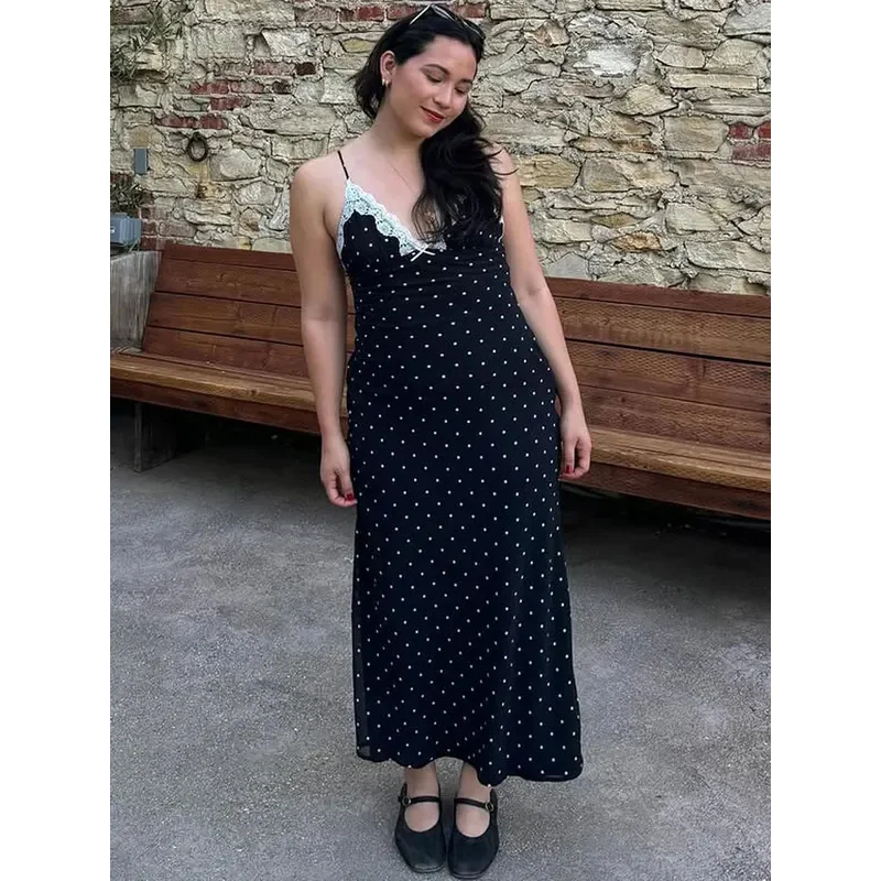 JINIA 레이스 v 넥 패치 워크 맥시 드레스 여성 백리스 하이 웨이스트 슬림 스파게티 대비 파티 드레스 여성 봄 롱 드레스