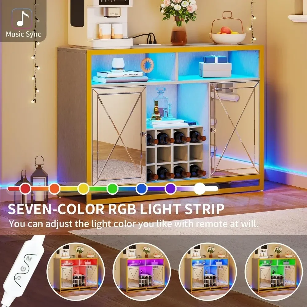 Bar Cabinet com Power Outlets, Coffee Bar Cabinet com Luzes LED e Removível Wine Rack, Armário Buffet de Armazenamento