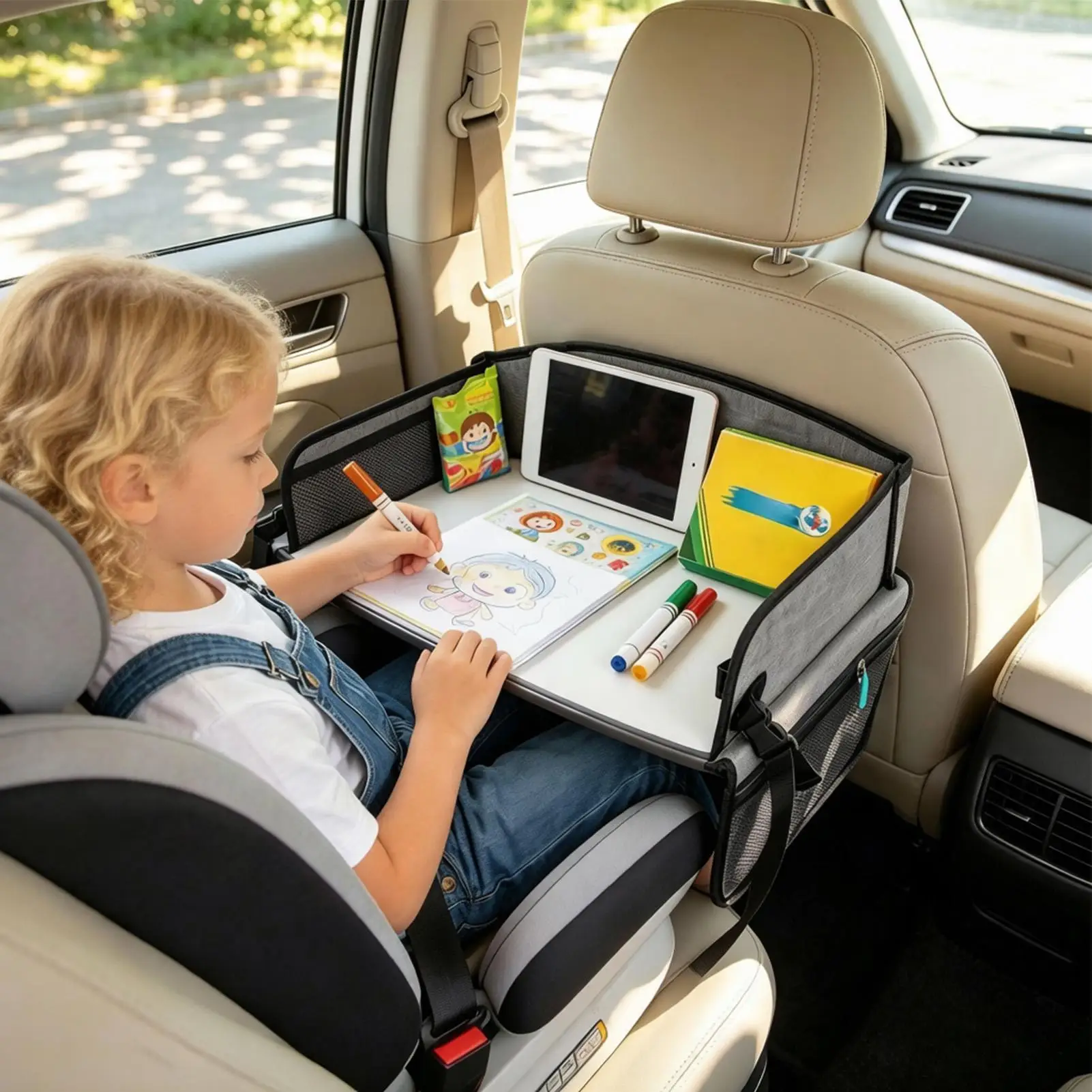 Car Seat Travel Tray With Pocket Adjustable Strap Interactive Portable Table Kids Travel Car Seat Desk For Outdoor Road Trip