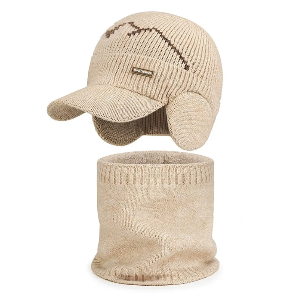 2 Stuks Set Winddicht Gebreide Muts Halsbeenkap Pluche Dikker Schapenwol Sjaal Eenvoudige Warme Winter Herfst Hoed Met Oorklep Outdoor