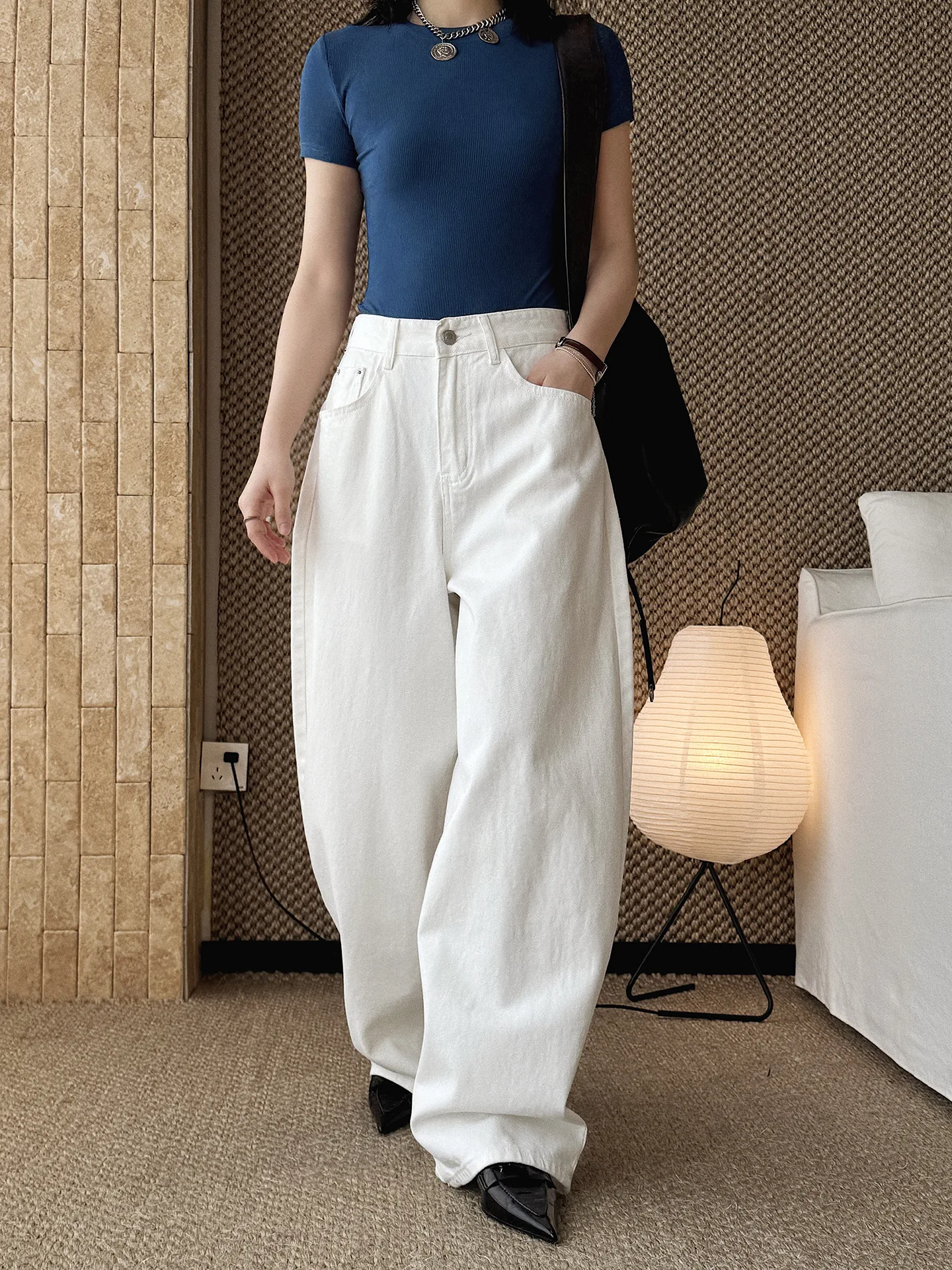 

Spring/Summer New American Retro Fashionable High Waist Washed Used Cat Beard Jeans Loose Wide Leg Pants Women