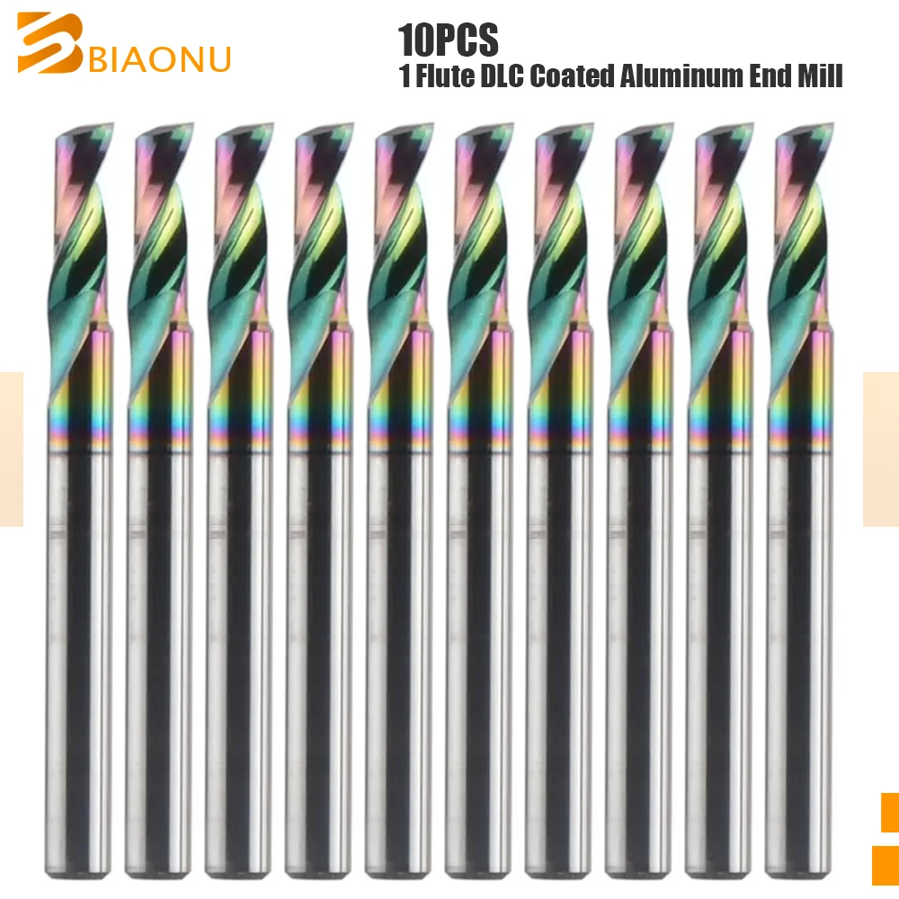 

Biaonu 10pcs 3.175/4/5/6/8mm Single Flute Alloy End Mills Carbide DLC Coated Milling Cutter for Aluminium CNC Router Tools Bit