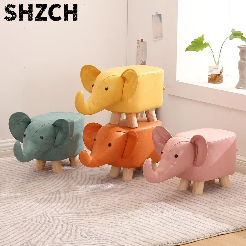 Real Wood Low Stools Creative Animal Elephant Cartoon Family Change Shoe  taburete Small Stool ottomans Lovely pouf