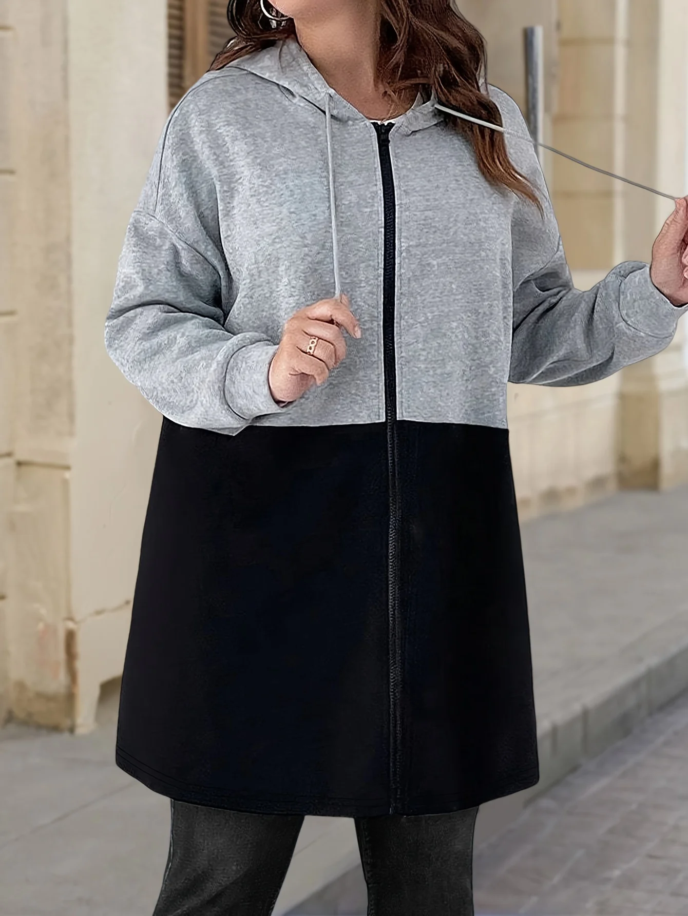 

Plus Size Color Block Grey and Black Zip-Up Hooded Mid-Length Coat