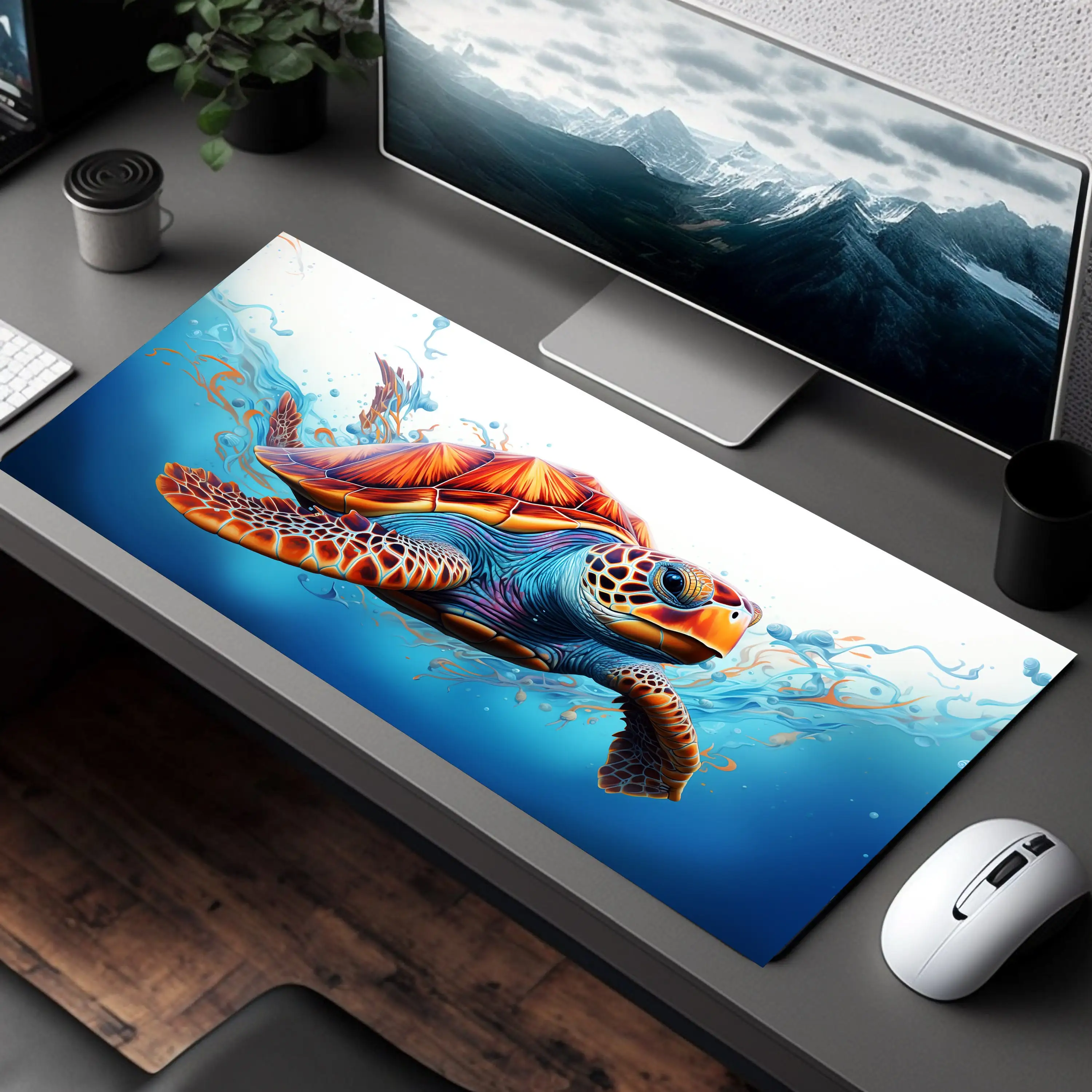 Ocean Wonders Desk Mat, Turtle Pattern Mouse Pad, Featuring Vibrant Blue and Orange Colors, A Perfect Gift for Ocean Lovers
