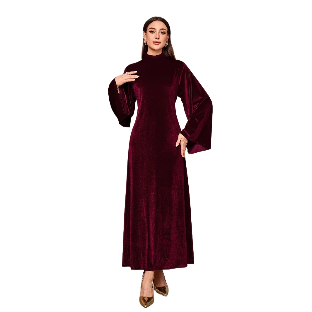 

Muslim women's new belt solid color gold velvet trumpet sleeve temperament commuting silk Middle East dress