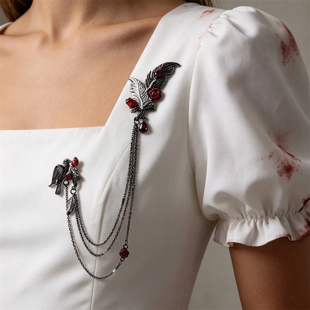 Gothic Brooch Punk Jewelry Goth Leaves Rose Crow Brooches Pins for Clothings Backpacks Halloween Party Women Man Lapel Pin 2027