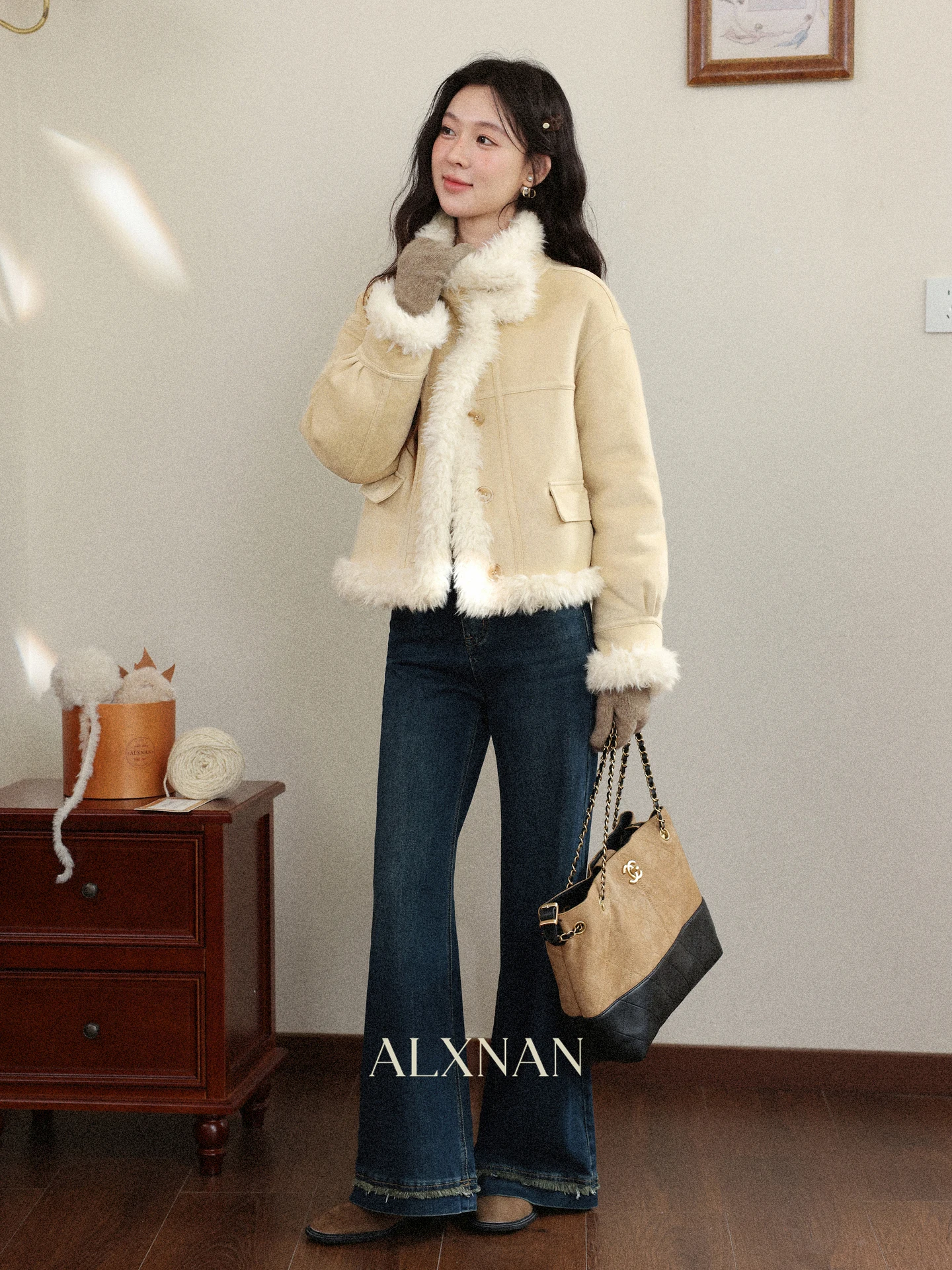 Giacca Invernale da Donna in Pelliccia d'Agnello, Cappotto in Lana e Pelle, Caldo e Casual con Chiusura a Bottoni