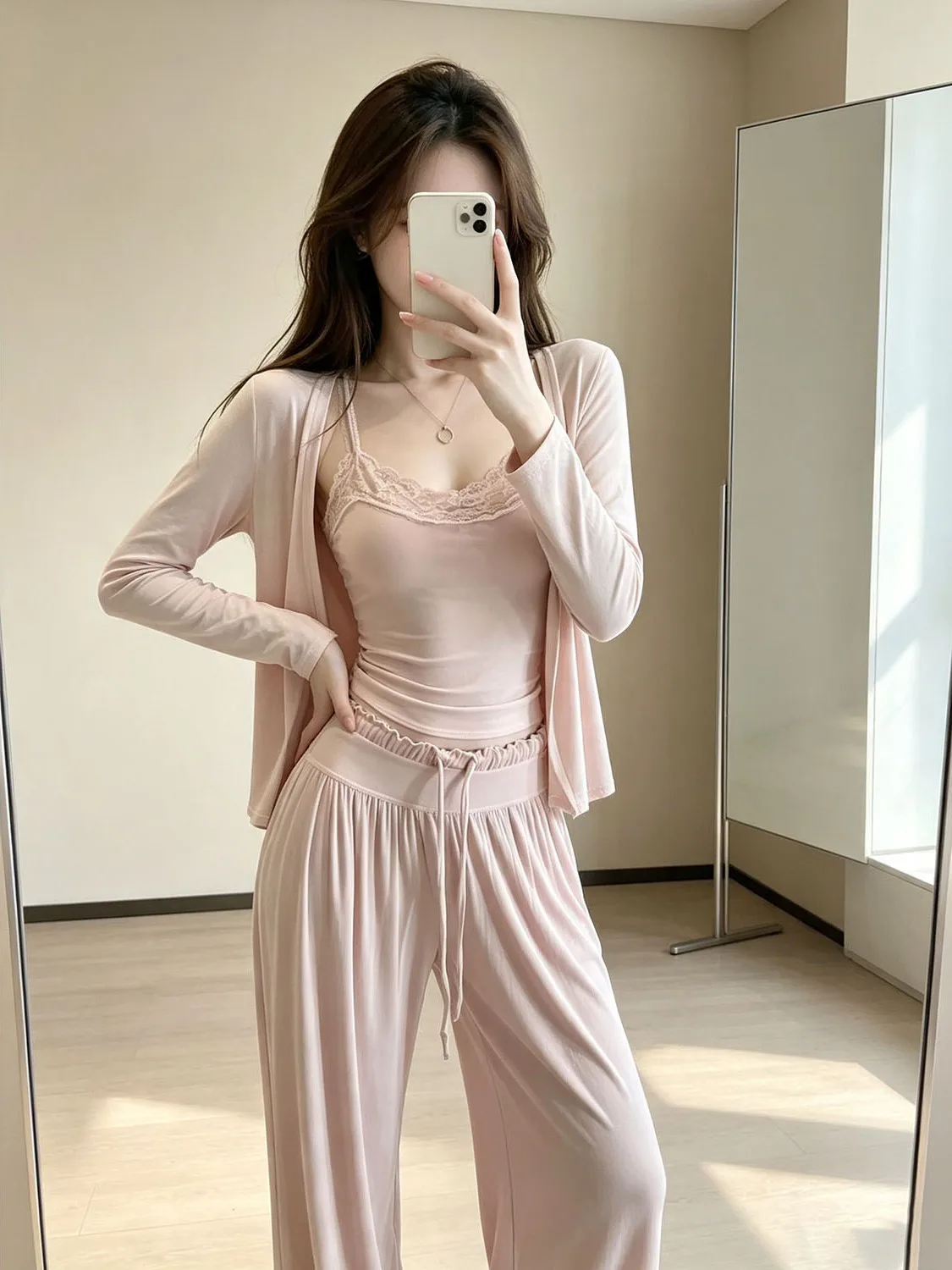 Korean Style Pure Desire Lace Splice Open Cardigan Sleepwear Three-Piece Set with Chest Pad Long Pants Summer New Arrival