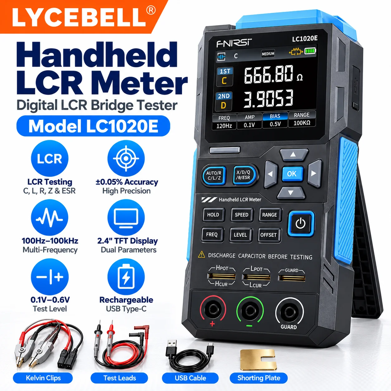 HoldPeak Handheld LCR Meter LC1020E, 0.3% Accuracy, 100kHz, 2.8