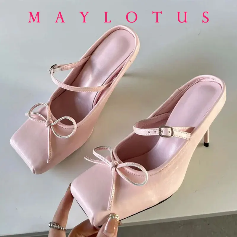 

2025 New Bowknot Square Toe Women Pumps Sexy Buckle Strap Thin High Heels Red Banquet Prom Mule Slippers Shoe Zapatos De Mujer